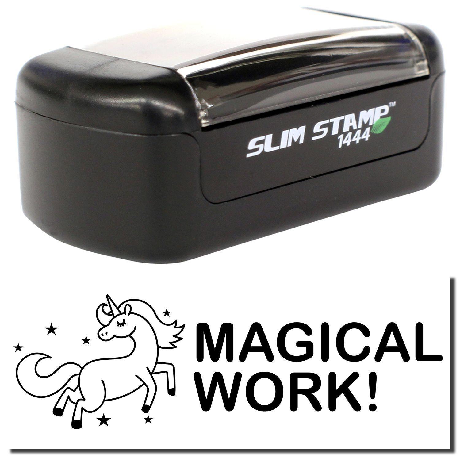 A stock office pre-inked stamp with a stamped image showing how the text MAGICAL WORK! with a delightful unicorn image dancing among the stars is displayed after stamping.