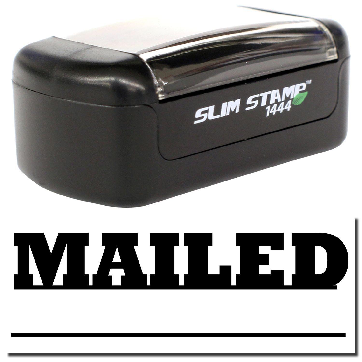 A stock office pre-inked stamp with a stamped image showing how the text MAILED with a date line underneath the text is displayed after stamping.