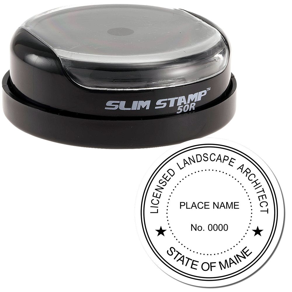 The main image for the Slim Pre-Inked Maine Landscape Architect Seal Stamp depicting a sample of the imprint and electronic files