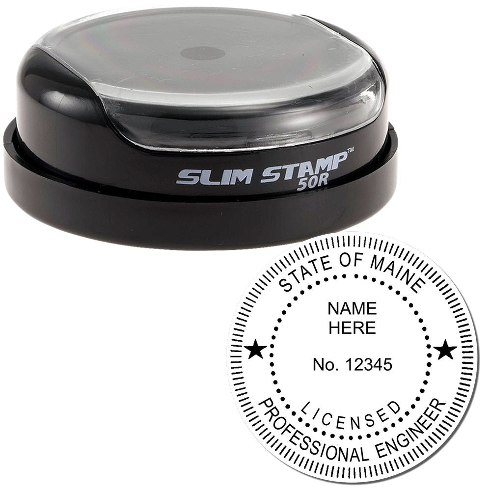 The main image for the Slim Pre-Inked Maine Professional Engineer Seal Stamp depicting a sample of the imprint and electronic files