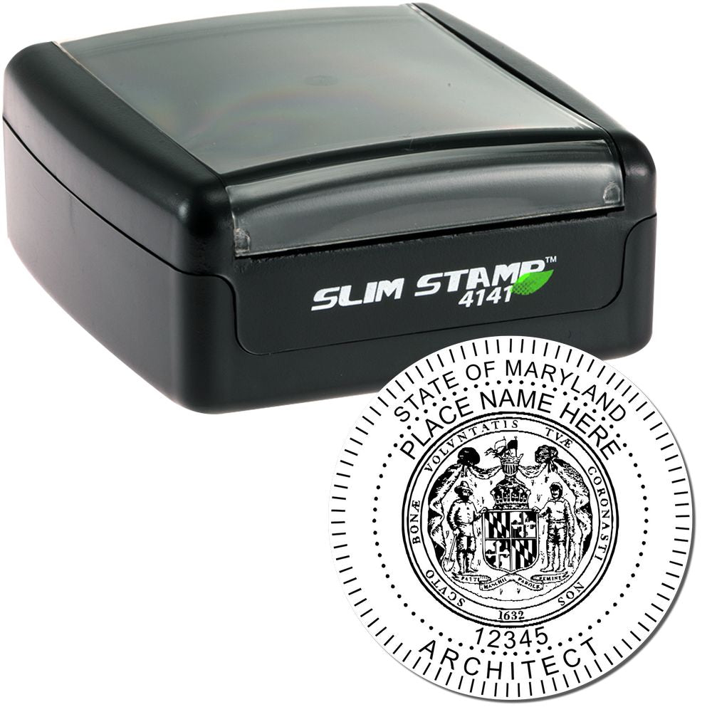 The main image for the Slim Pre-Inked Maryland Architect Seal Stamp depicting a sample of the imprint and electronic files
