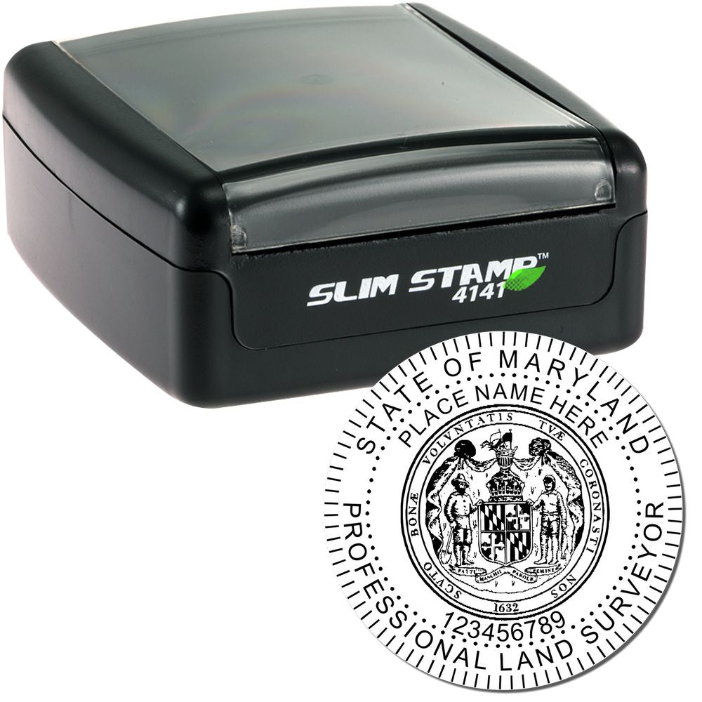 The main image for the Slim Pre-Inked Maryland Land Surveyor Seal Stamp depicting a sample of the imprint and electronic files