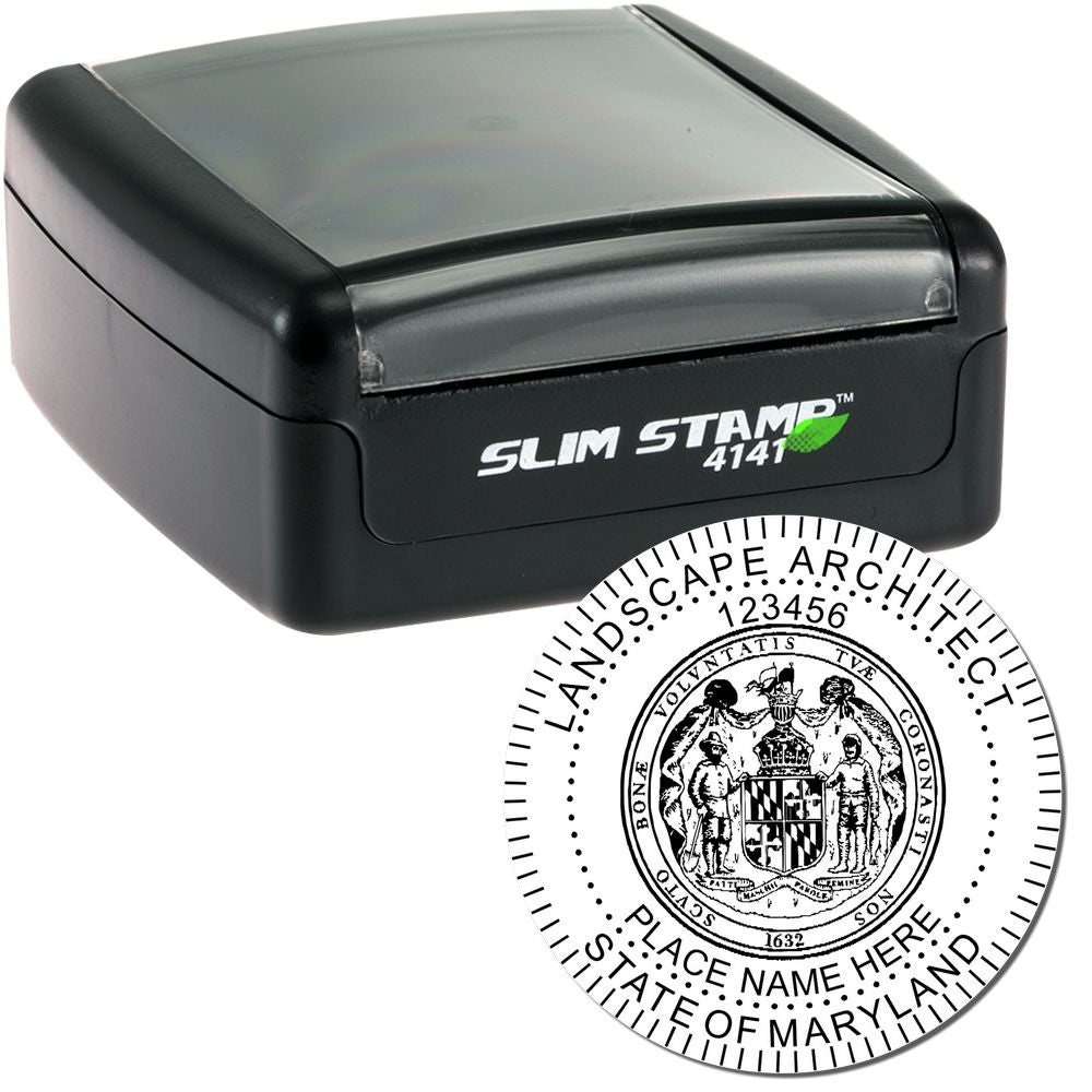 The main image for the Slim Pre-Inked Maryland Landscape Architect Seal Stamp depicting a sample of the imprint and electronic files