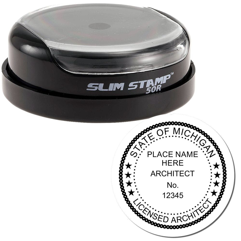 The main image for the Slim Pre-Inked Michigan Architect Seal Stamp depicting a sample of the imprint and electronic files