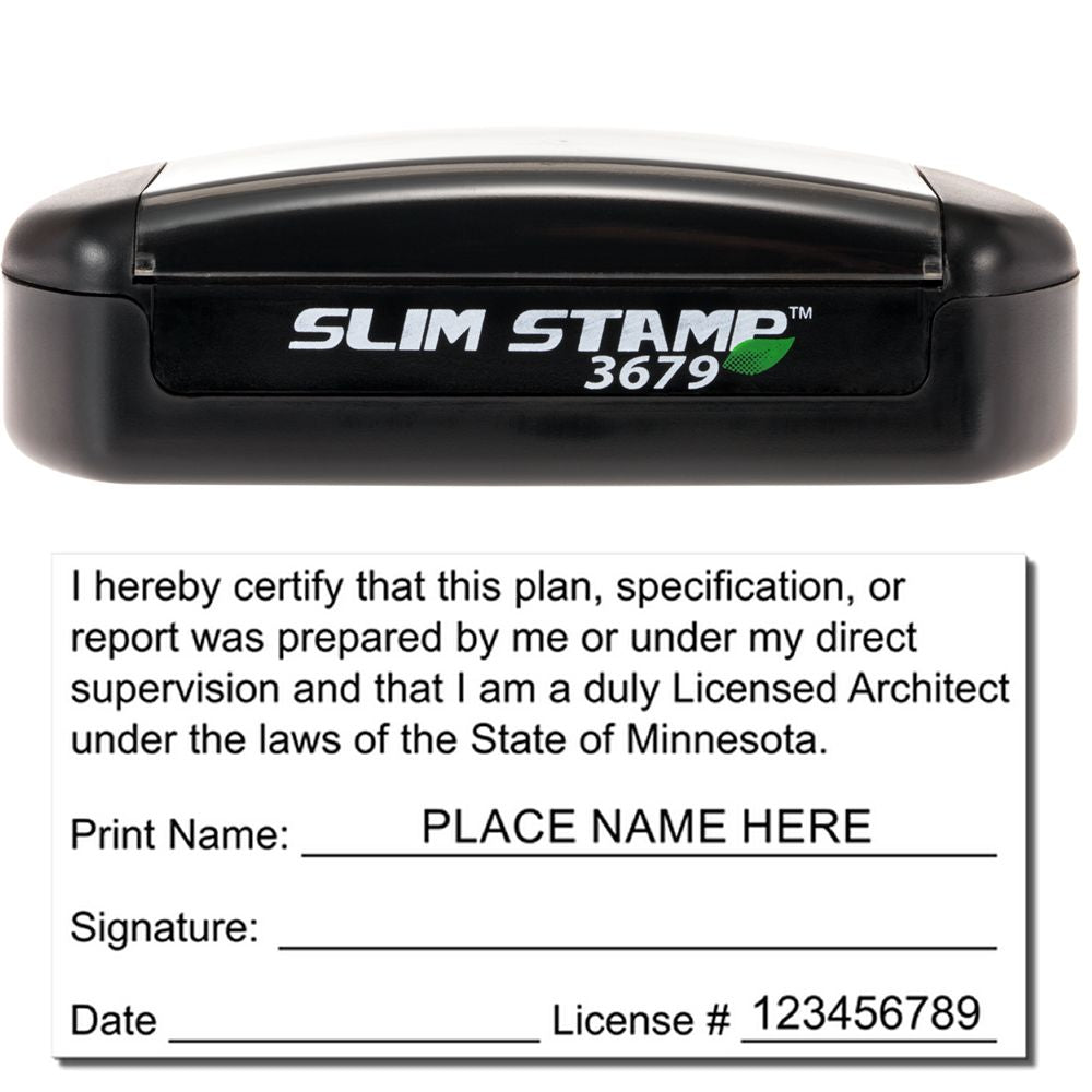 The main image for the Slim Pre-Inked Minnesota Architect Seal Stamp depicting a sample of the imprint and electronic files