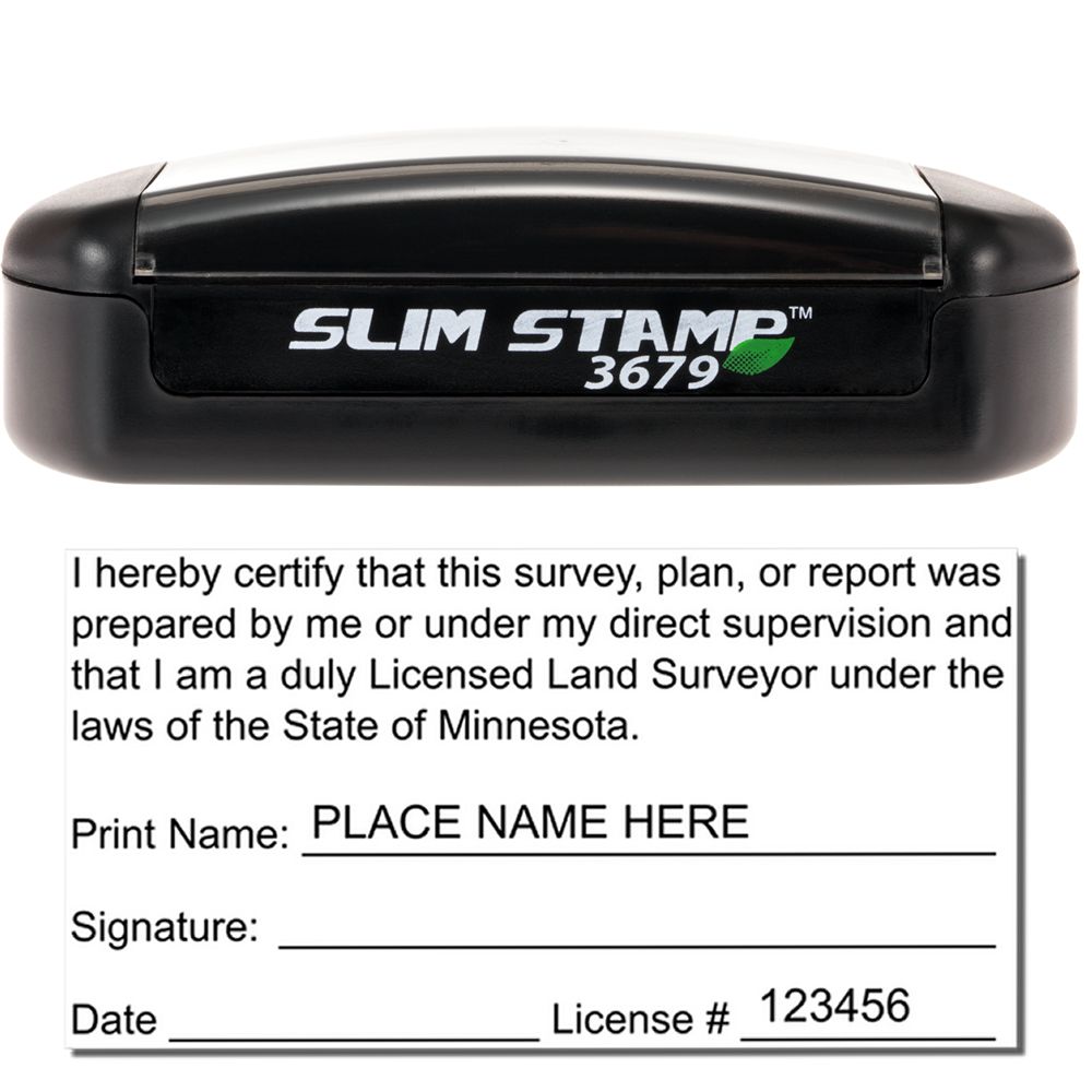The main image for the Slim Pre-Inked Minnesota Land Surveyor Seal Stamp depicting a sample of the imprint and electronic files