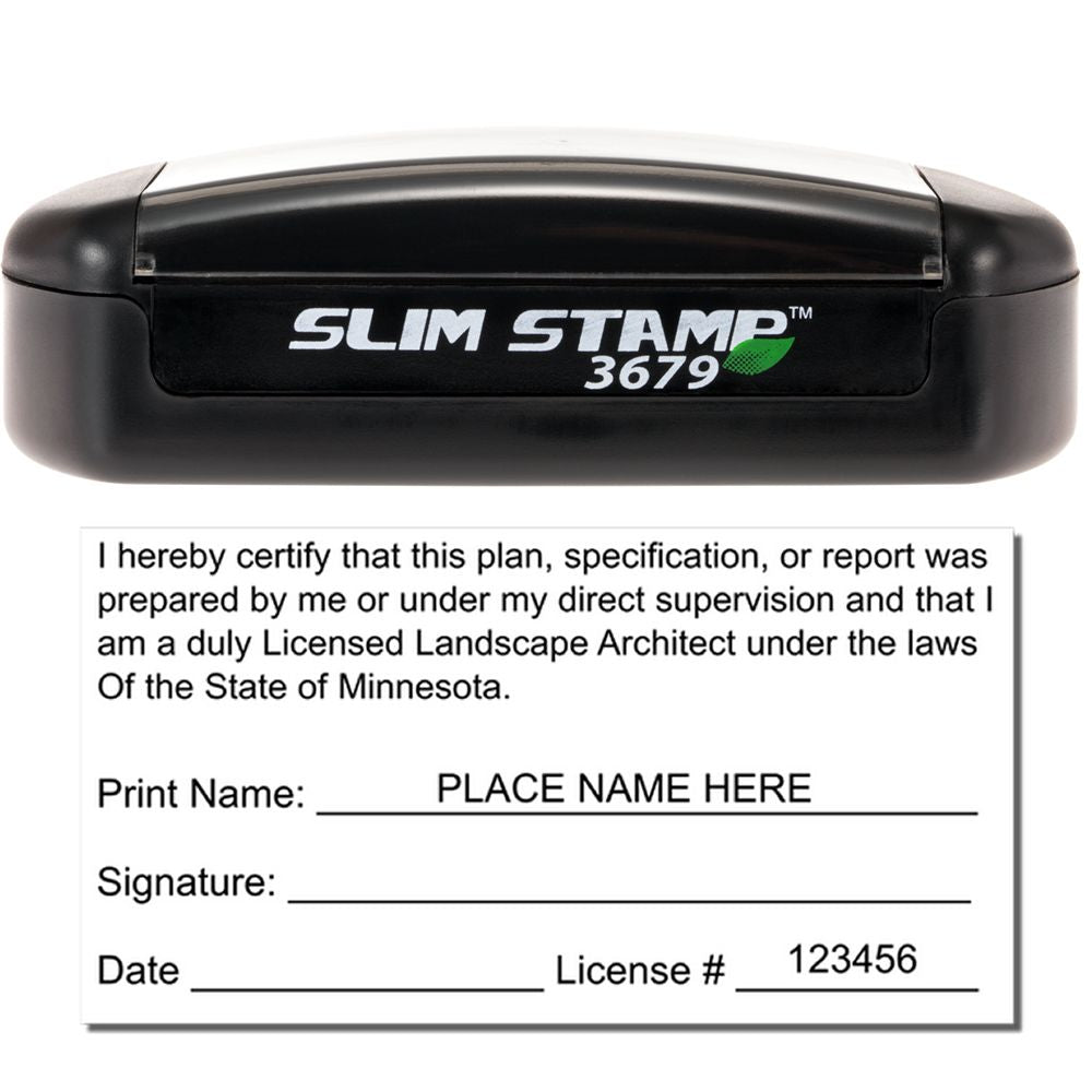 The main image for the Slim Pre-Inked Minnesota Landscape Architect Seal Stamp depicting a sample of the imprint and electronic files