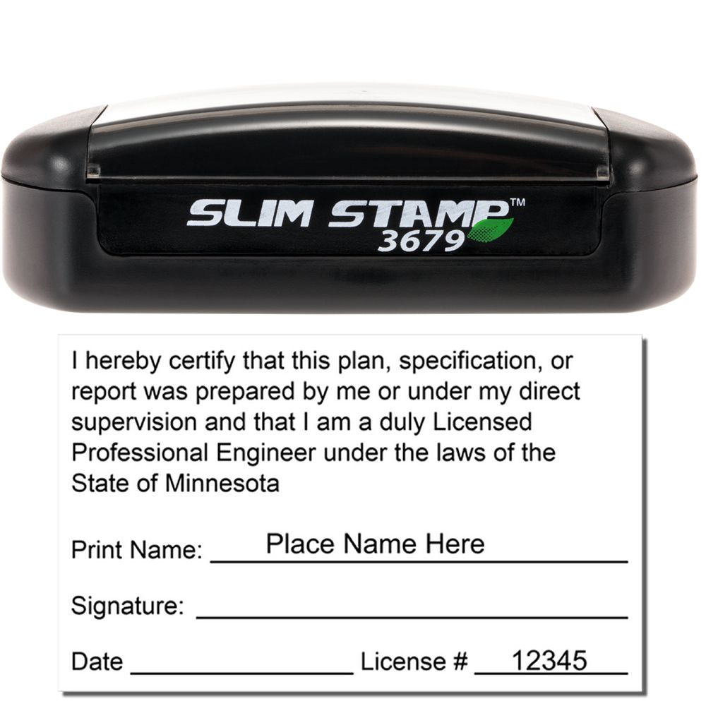 The main image for the Slim Pre-Inked Minnesota Professional Engineer Seal Stamp depicting a sample of the imprint and electronic files