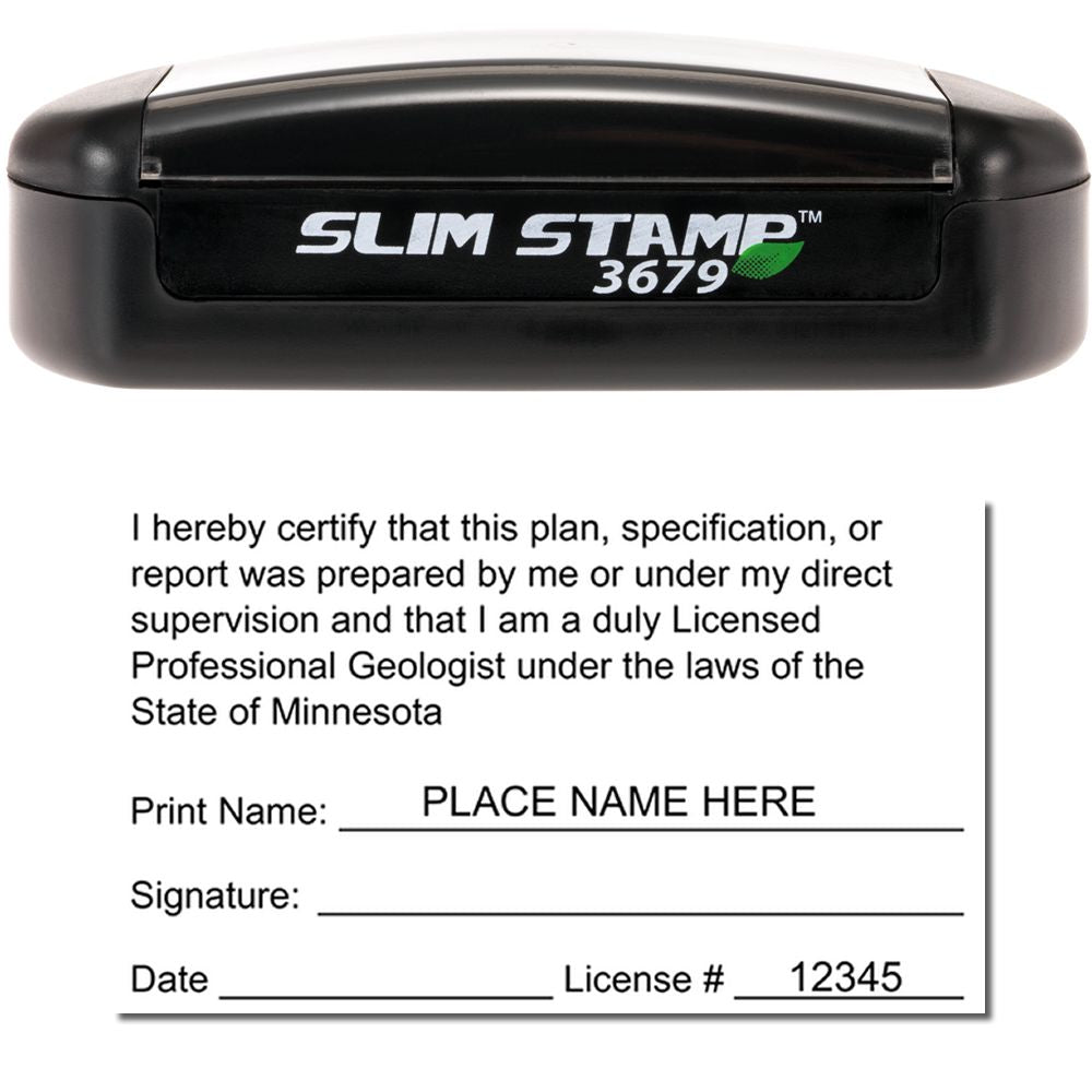 The main image for the Slim Pre-Inked Minnesota Professional Geologist Seal Stamp depicting a sample of the imprint and imprint sample