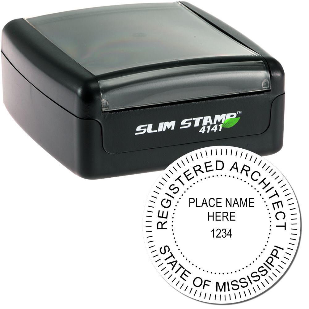 The main image for the Slim Pre-Inked Mississippi Architect Seal Stamp depicting a sample of the imprint and electronic files