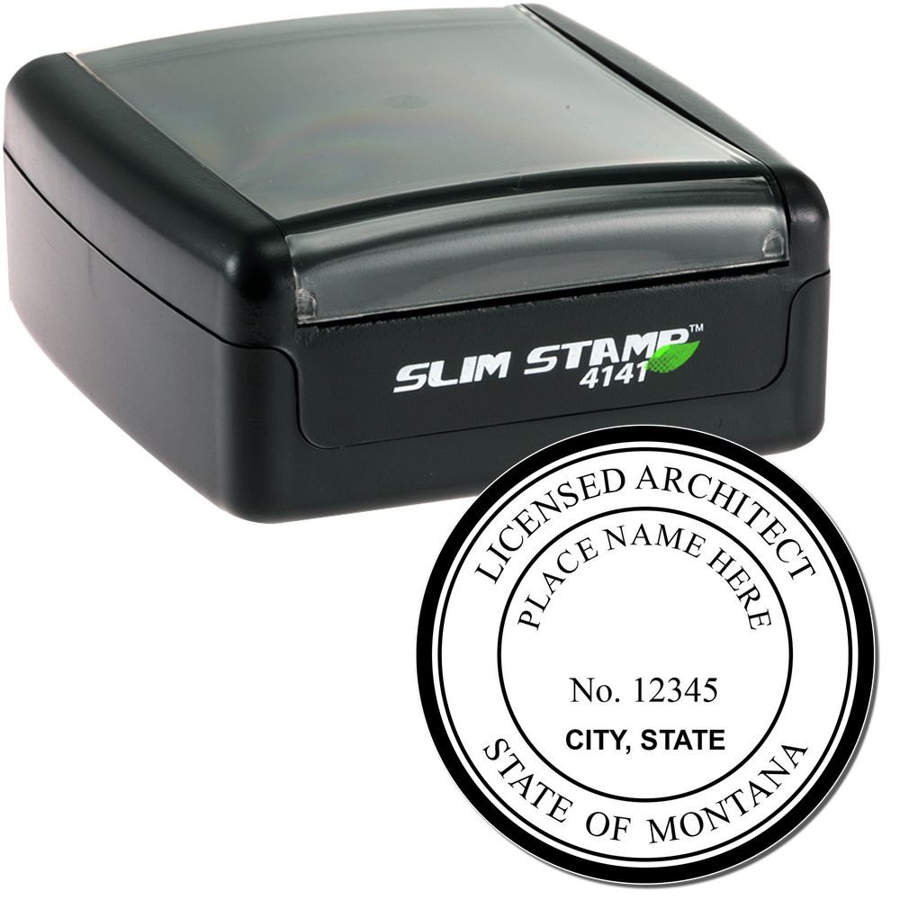 The main image for the Slim Pre-Inked Montana Architect Seal Stamp depicting a sample of the imprint and electronic files