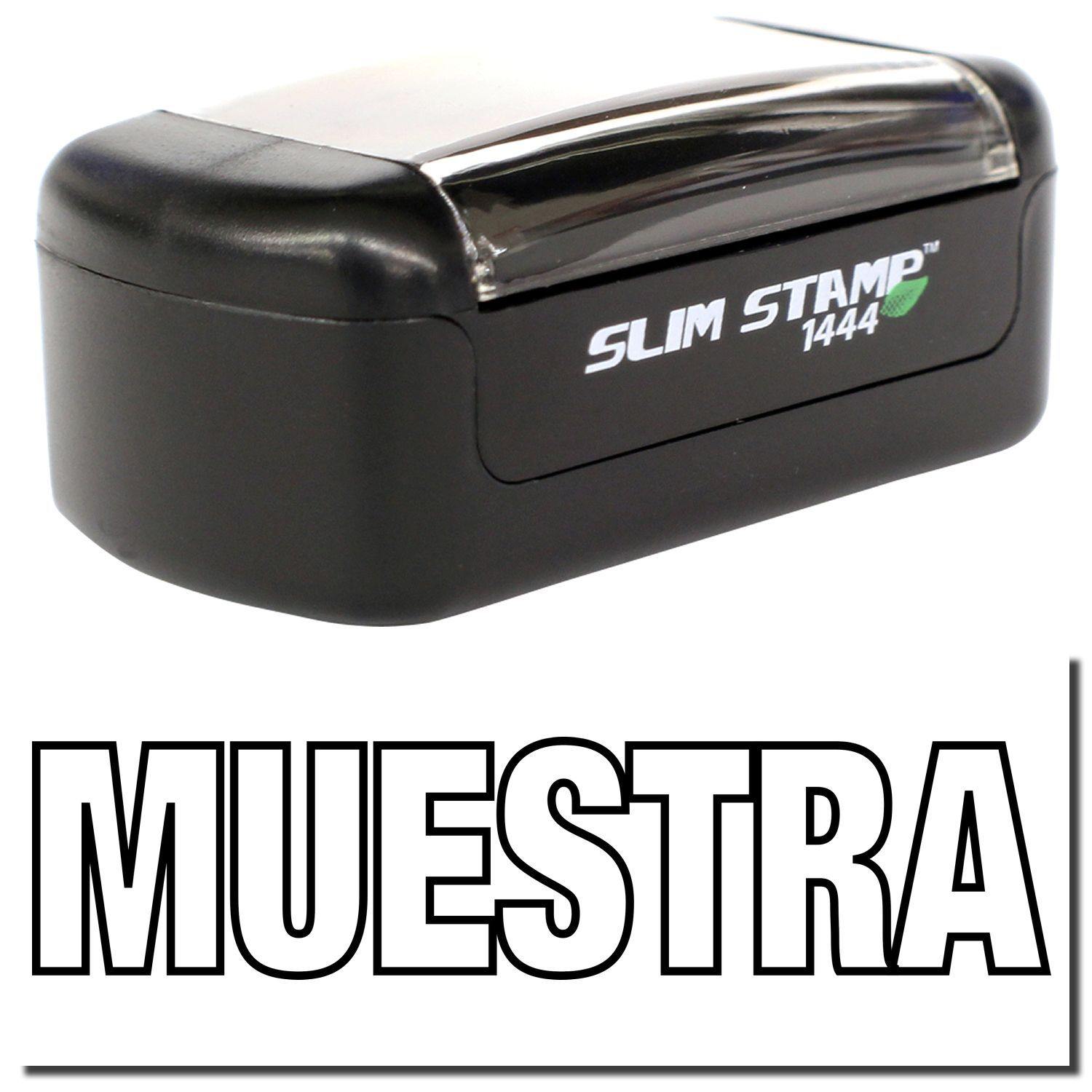 A stock office pre-inked stamp with a stamped image showing how the text MUESTRA in an outline font is displayed after stamping.