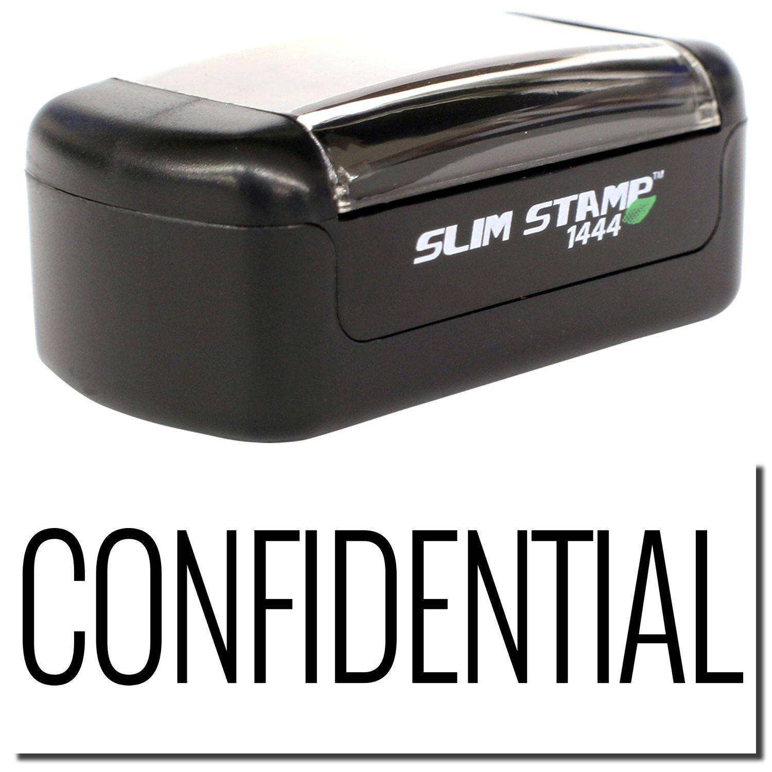 A stock office pre-inked stamp with a stamped image showing how the text "CONFIDENTIAL" in a narrow font is displayed after stamping.