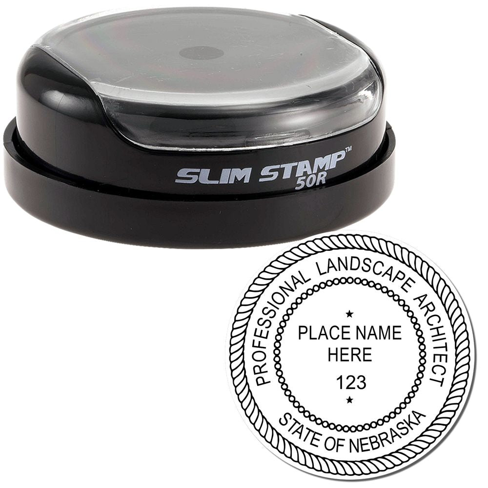 The main image for the Slim Pre-Inked Nebraska Landscape Architect Seal Stamp depicting a sample of the imprint and electronic files