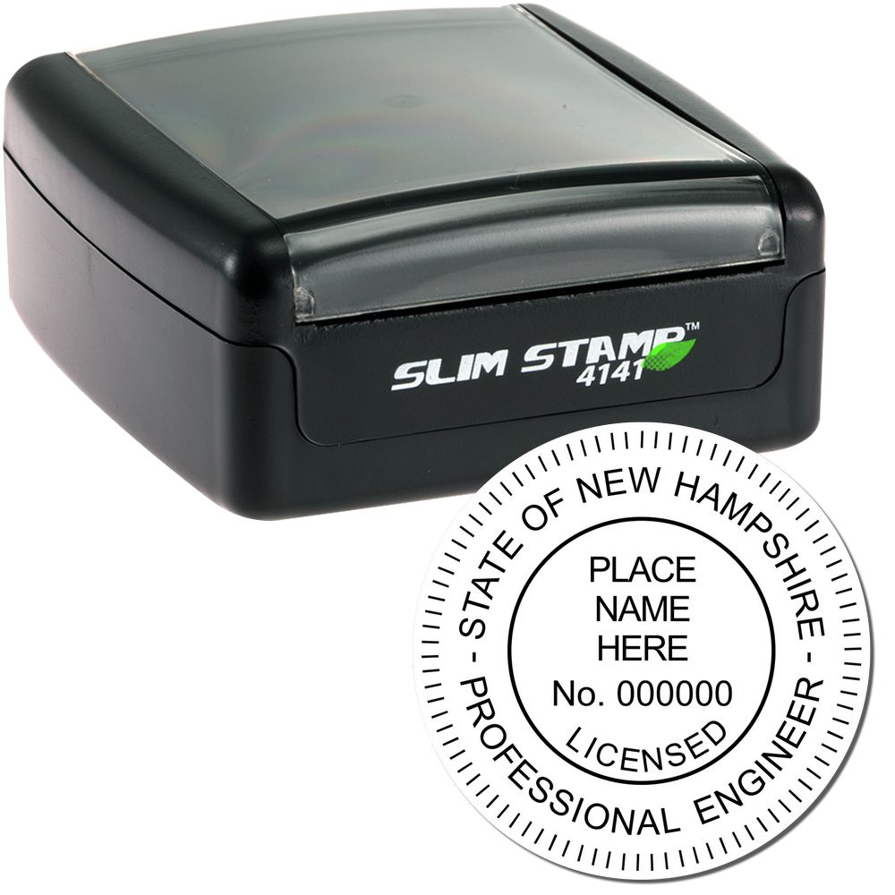 The main image for the Slim Pre-Inked New Hampshire Professional Engineer Seal Stamp depicting a sample of the imprint and electronic files