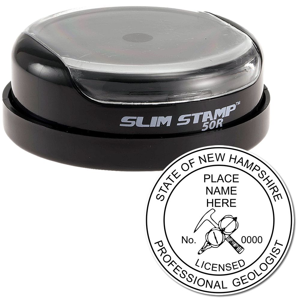 The main image for the Slim Pre-Inked New Hampshire Professional Geologist Seal Stamp depicting a sample of the imprint and imprint sample