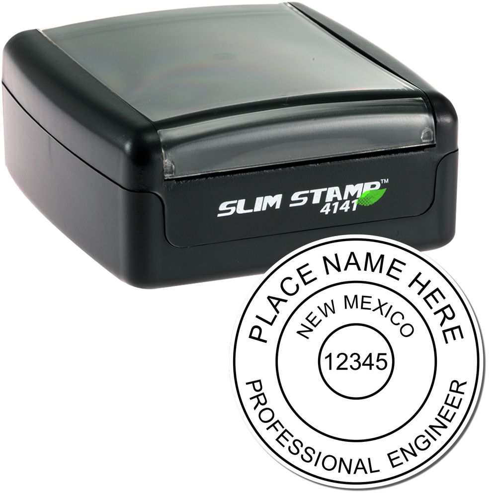 The main image for the Slim Pre-Inked New Mexico Professional Engineer Seal Stamp depicting a sample of the imprint and electronic files