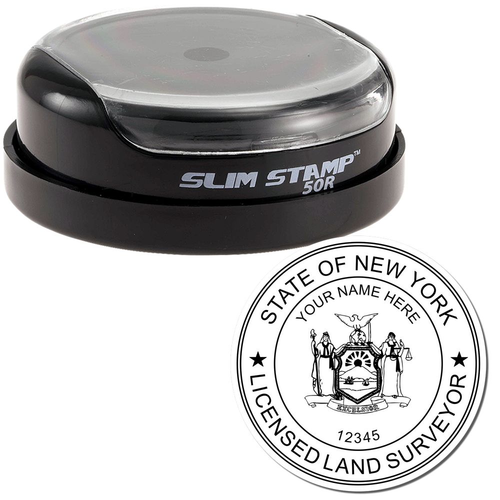 The main image for the Slim Pre-Inked New York Land Surveyor Seal Stamp depicting a sample of the imprint and electronic files