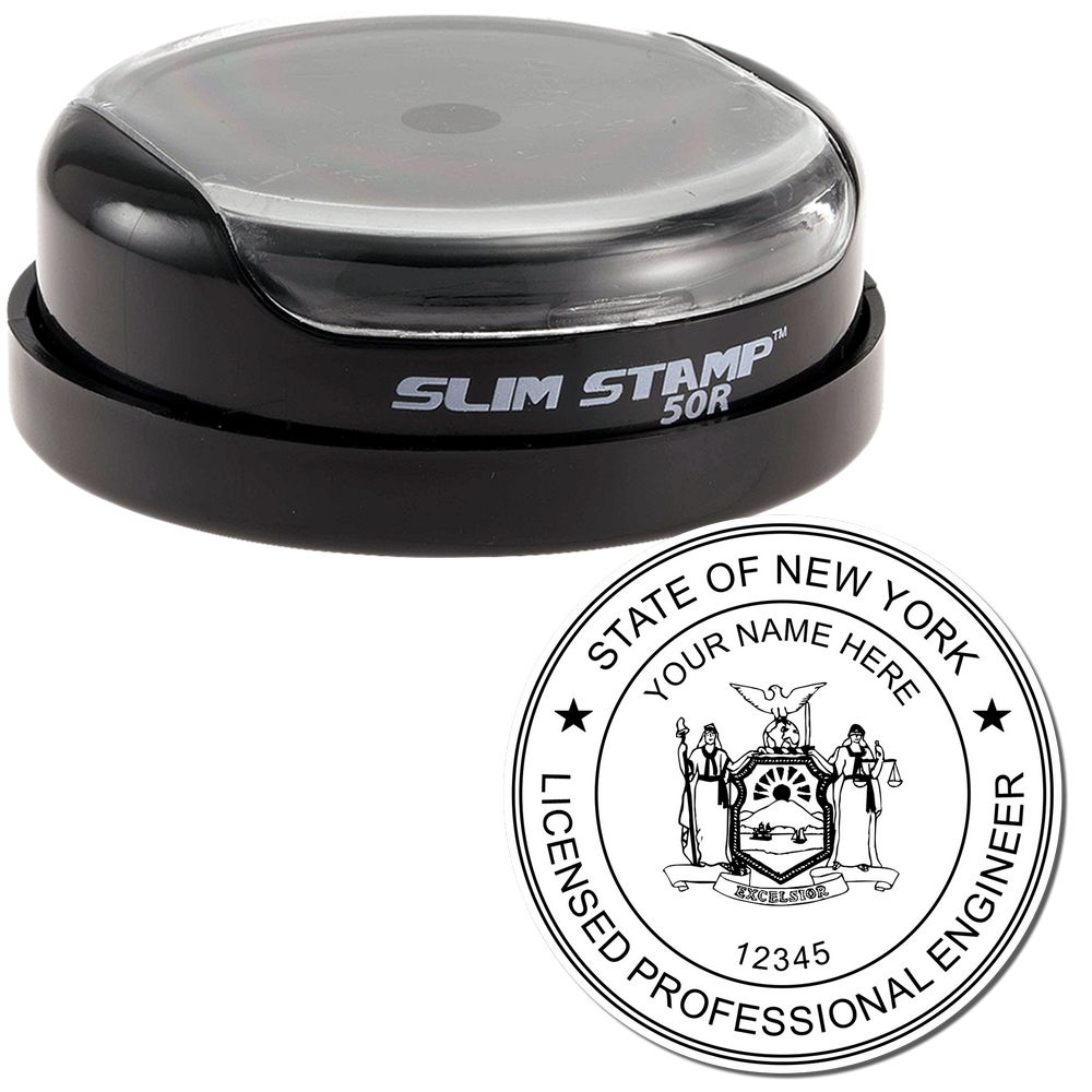 The main image for the Slim Pre-Inked New York Professional Engineer Seal Stamp depicting a sample of the imprint and electronic files