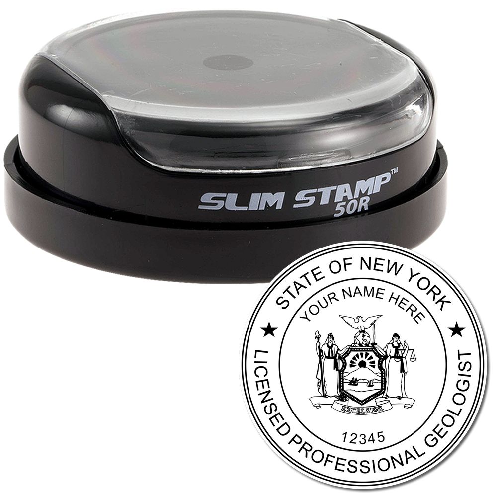 The main image for the Slim Pre-Inked New York Professional Geologist Seal Stamp depicting a sample of the imprint and imprint sample