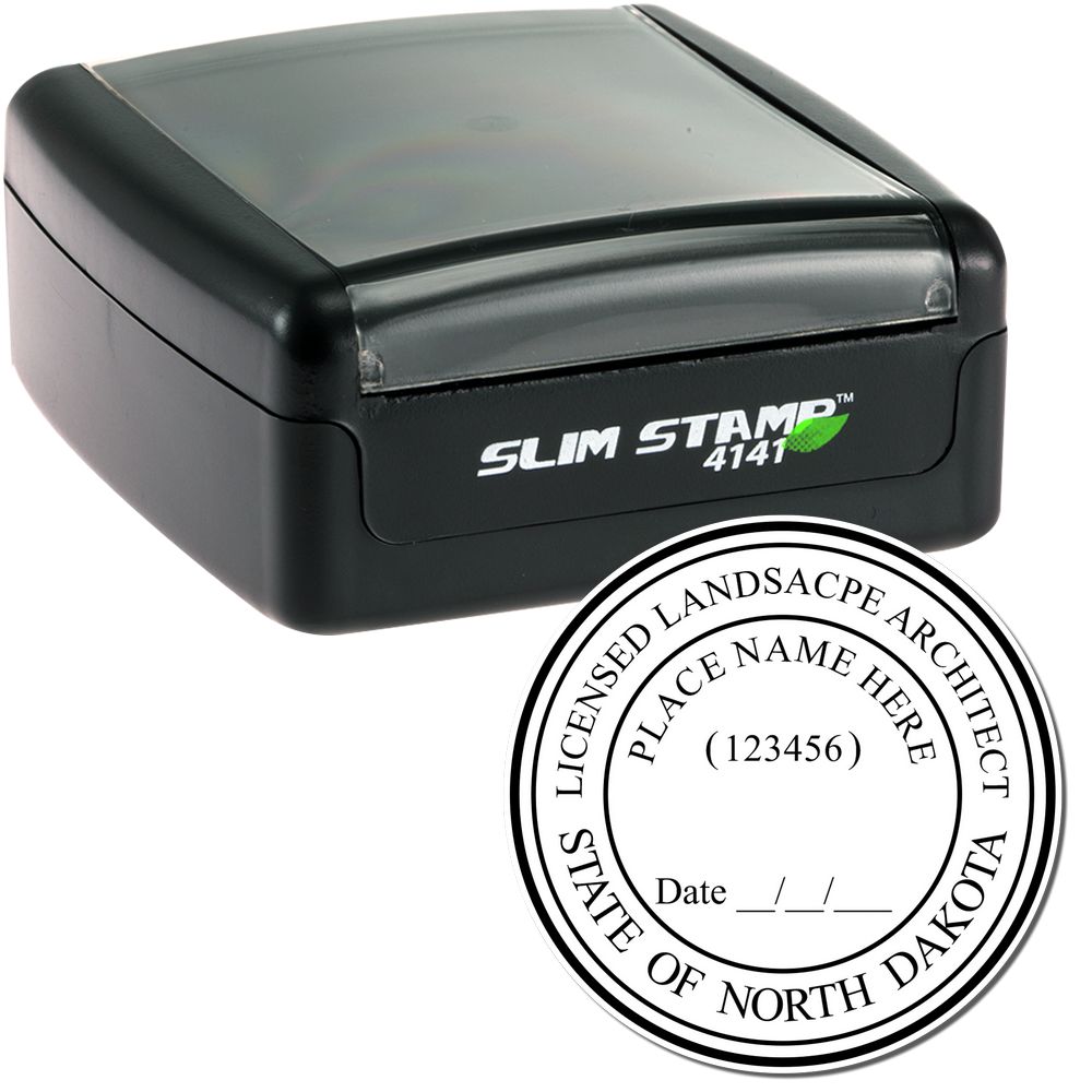 The main image for the Slim Pre-Inked North Dakota Landscape Architect Seal Stamp depicting a sample of the imprint and electronic files