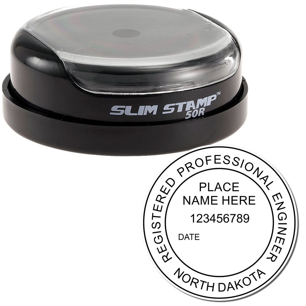 The main image for the Slim Pre-Inked North Dakota Professional Engineer Seal Stamp depicting a sample of the imprint and electronic files
