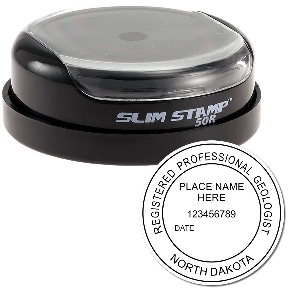 The main image for the Slim Pre-Inked North Dakota Professional Geologist Seal Stamp depicting a sample of the imprint and imprint sample