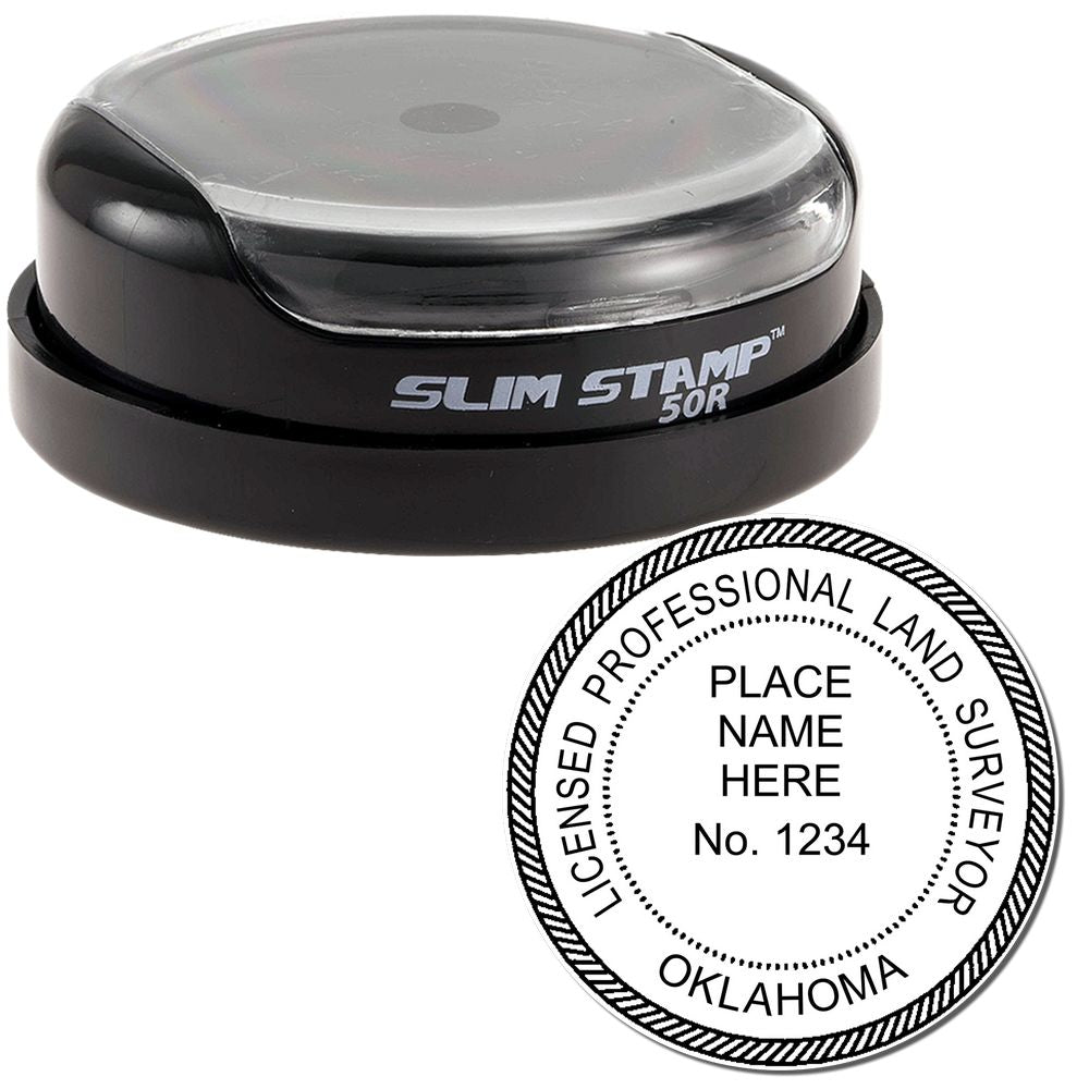 The main image for the Slim Pre-Inked Oklahoma Land Surveyor Seal Stamp depicting a sample of the imprint and electronic files