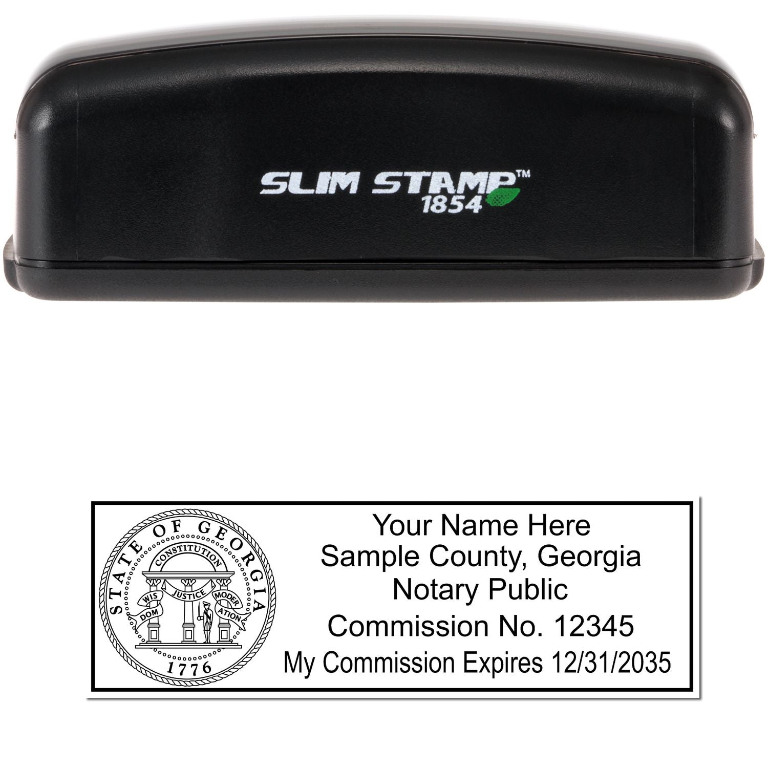 The main image for the Slim Pre-Inked Rectangular Notary Stamp for Georgia depicting a sample of the imprint and electronic files