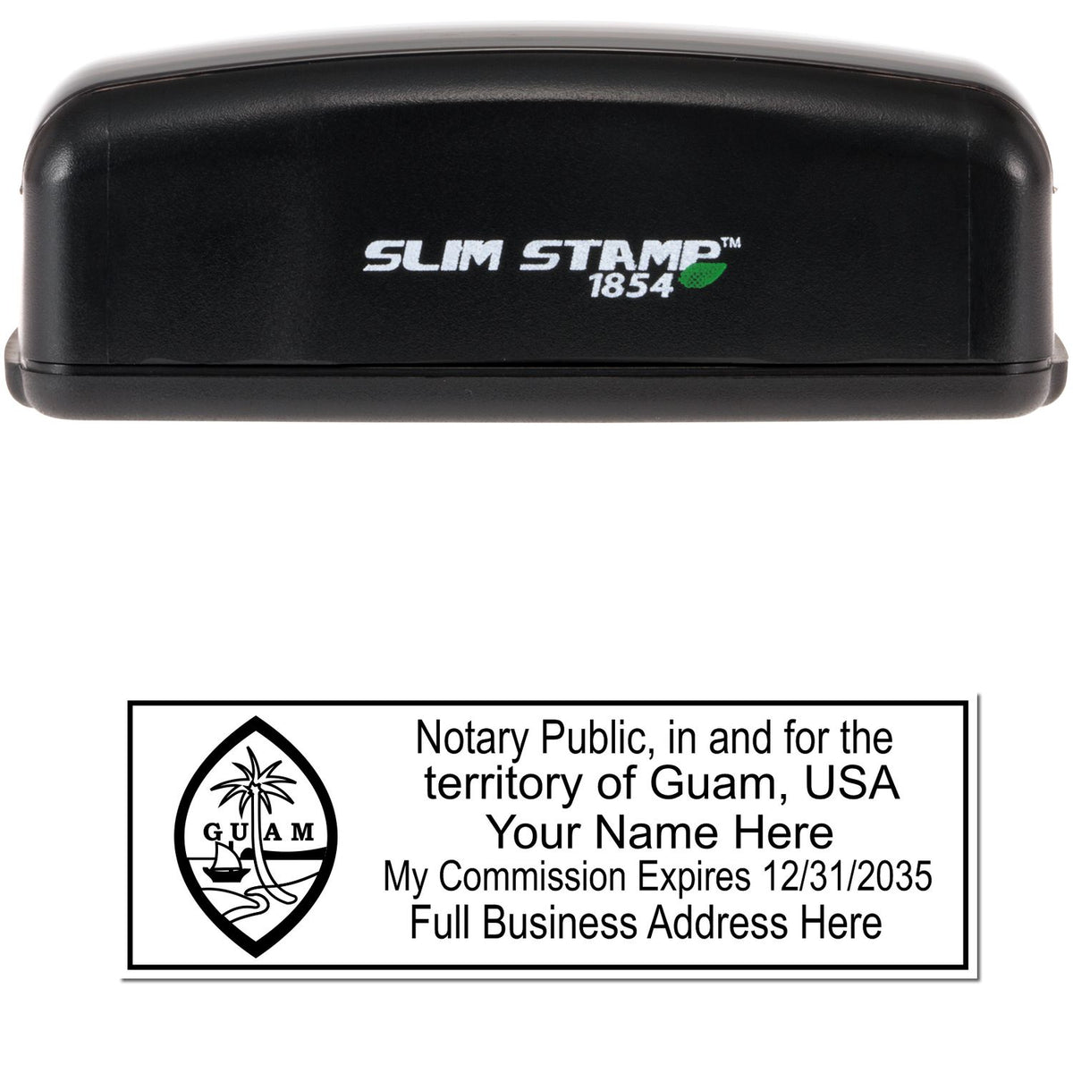 The main image for the Slim Pre-Inked Rectangular Notary Stamp for Guam depicting a sample of the imprint and electronic files