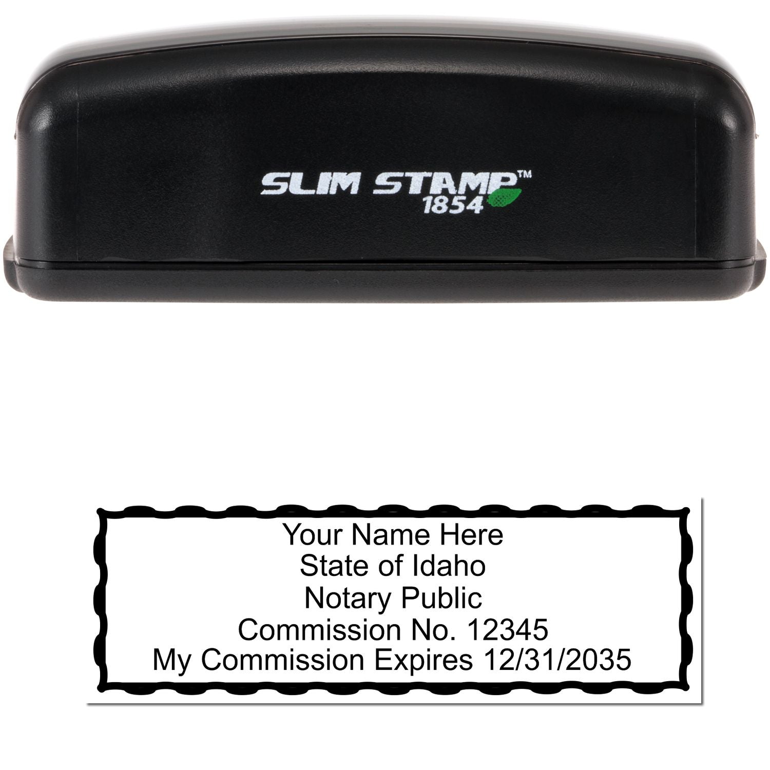 The main image for the Slim Pre-Inked Rectangular Notary Stamp for Idaho depicting a sample of the imprint and electronic files