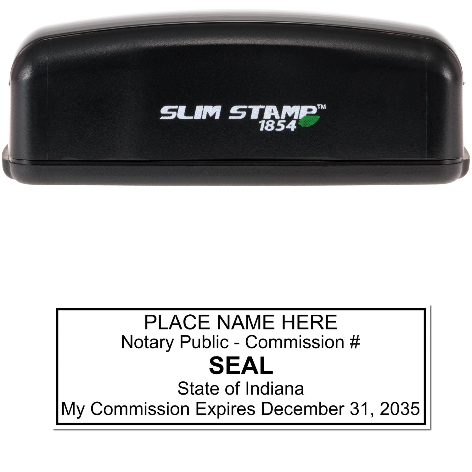 The main image for the Slim Pre-Inked Rectangular Notary Stamp for Indiana depicting a sample of the imprint and electronic files