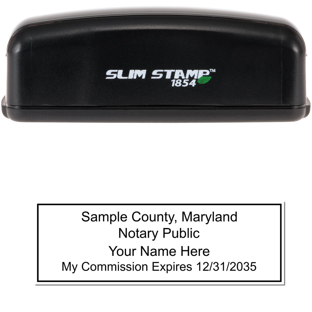 The main image for the Slim Pre-Inked Rectangular Notary Stamp for Maryland depicting a sample of the imprint and electronic files
