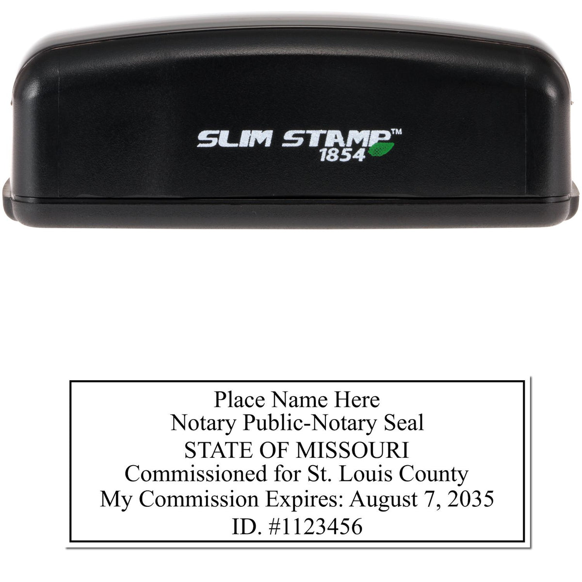 The main image for the Slim Pre-Inked Rectangular Notary Stamp for Missouri depicting a sample of the imprint and electronic files