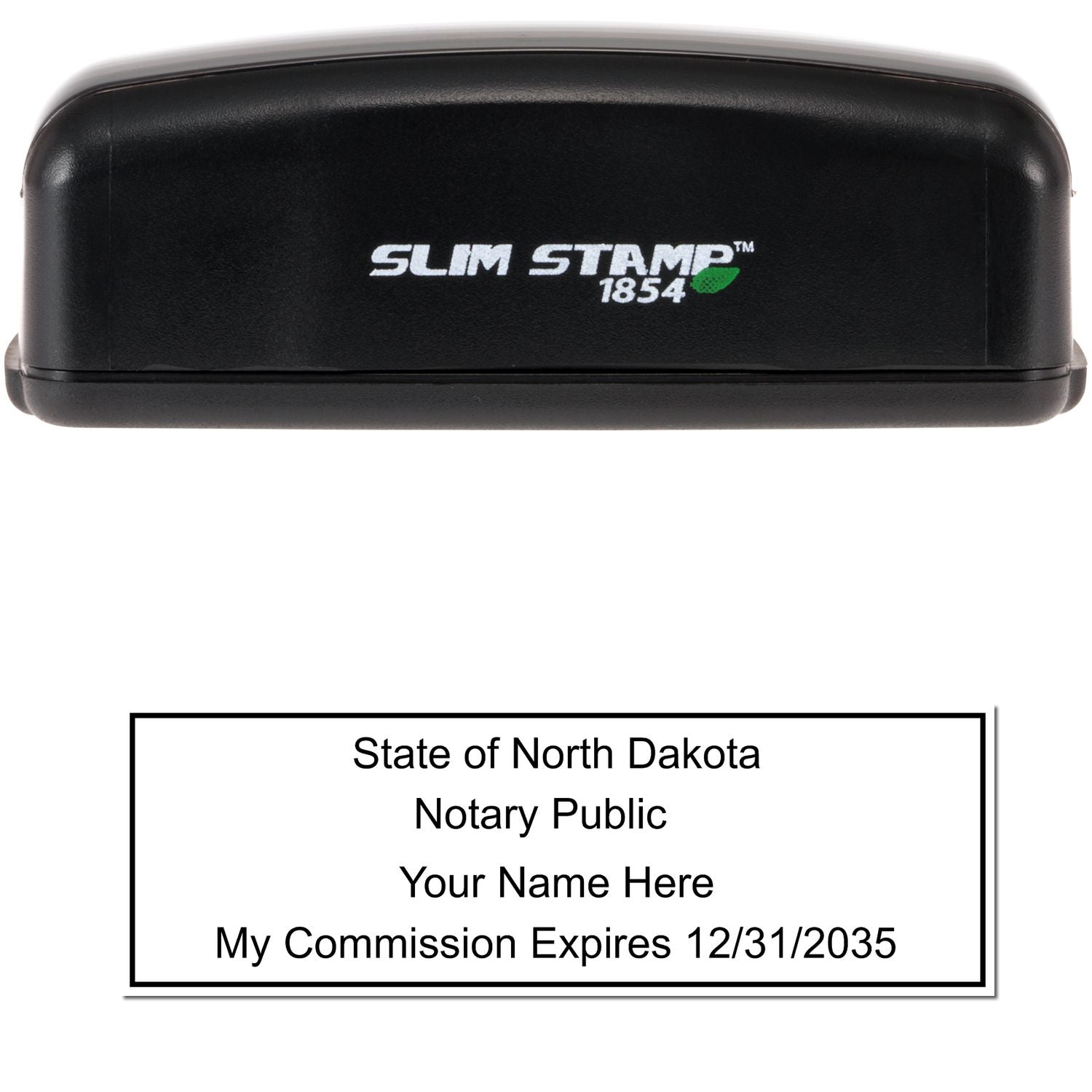 The main image for the Slim Pre-Inked Rectangular Notary Stamp for North Dakota depicting a sample of the imprint and electronic files