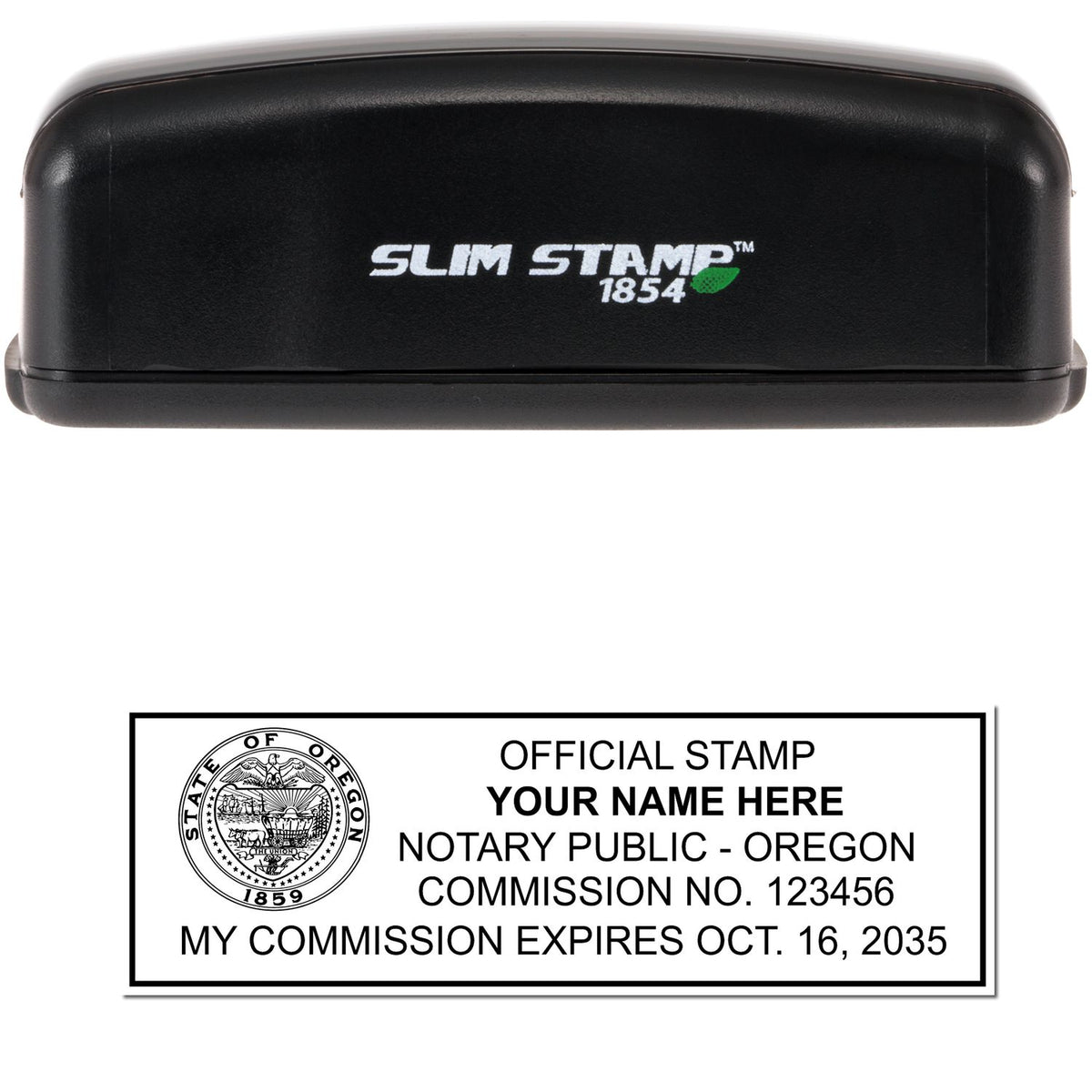 The main image for the Slim Pre-Inked Rectangular Notary Stamp for Oregon depicting a sample of the imprint and electronic files