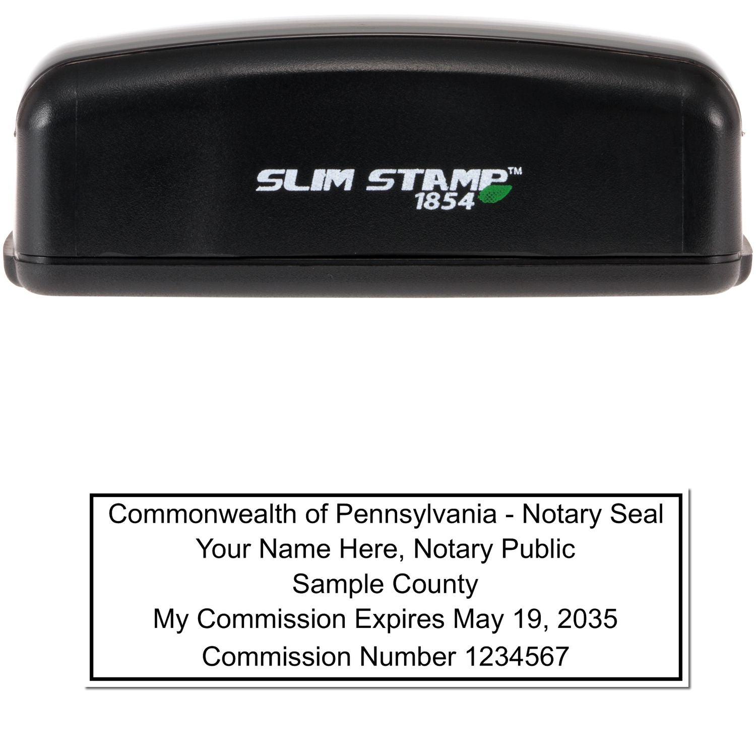 The main image for the Slim Pre-Inked Rectangular Notary Stamp for Pennsylvania depicting a sample of the imprint and electronic files
