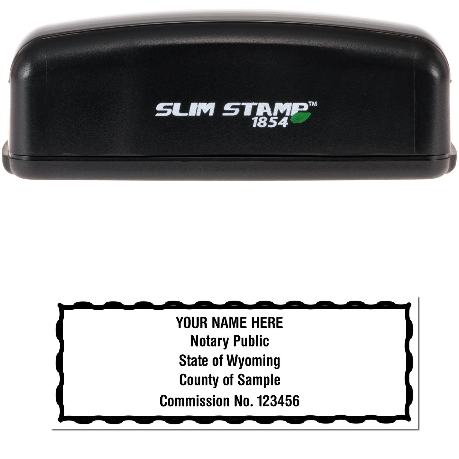 The main image for the Slim Pre-Inked Rectangular Notary Stamp for Wyoming depicting a sample of the imprint and electronic files