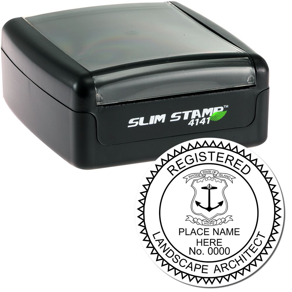 The main image for the Slim Pre-Inked Rhode Island Landscape Architect Seal Stamp depicting a sample of the imprint and electronic files