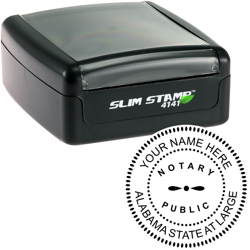 The main image for the Slim Pre-Inked Round Notary Stamp for Alabama depicting a sample of the imprint and electronic files