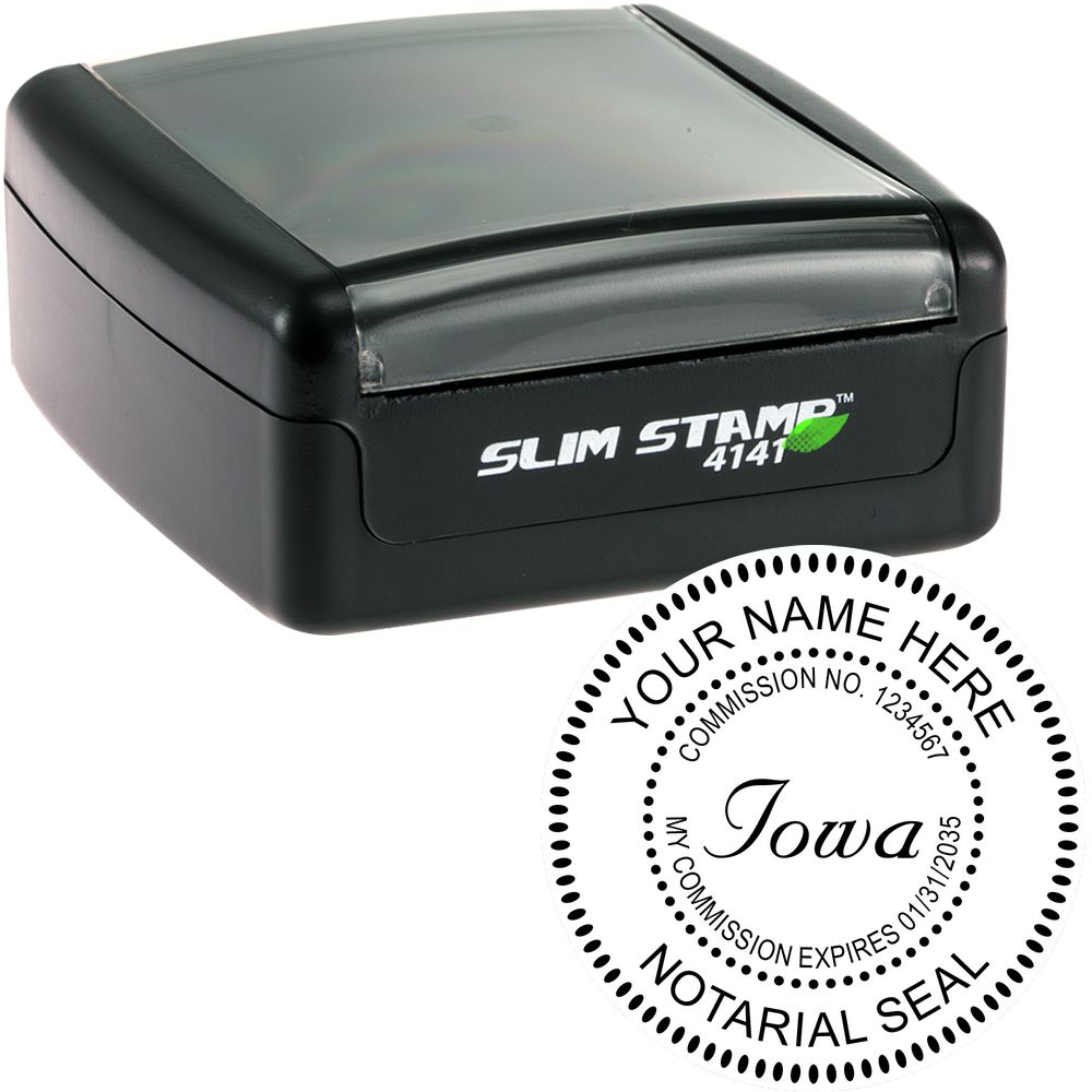 The main image for the Slim Pre-Inked Round Notary Stamp for Iowa depicting a sample of the imprint and electronic files