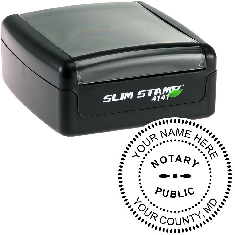 The main image for the Slim Pre-Inked Round Notary Stamp for Maryland depicting a sample of the imprint and electronic files