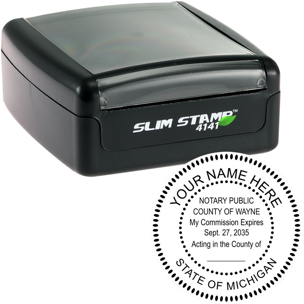 The main image for the Slim Pre-Inked Round Notary Stamp for Michigan depicting a sample of the imprint and electronic files