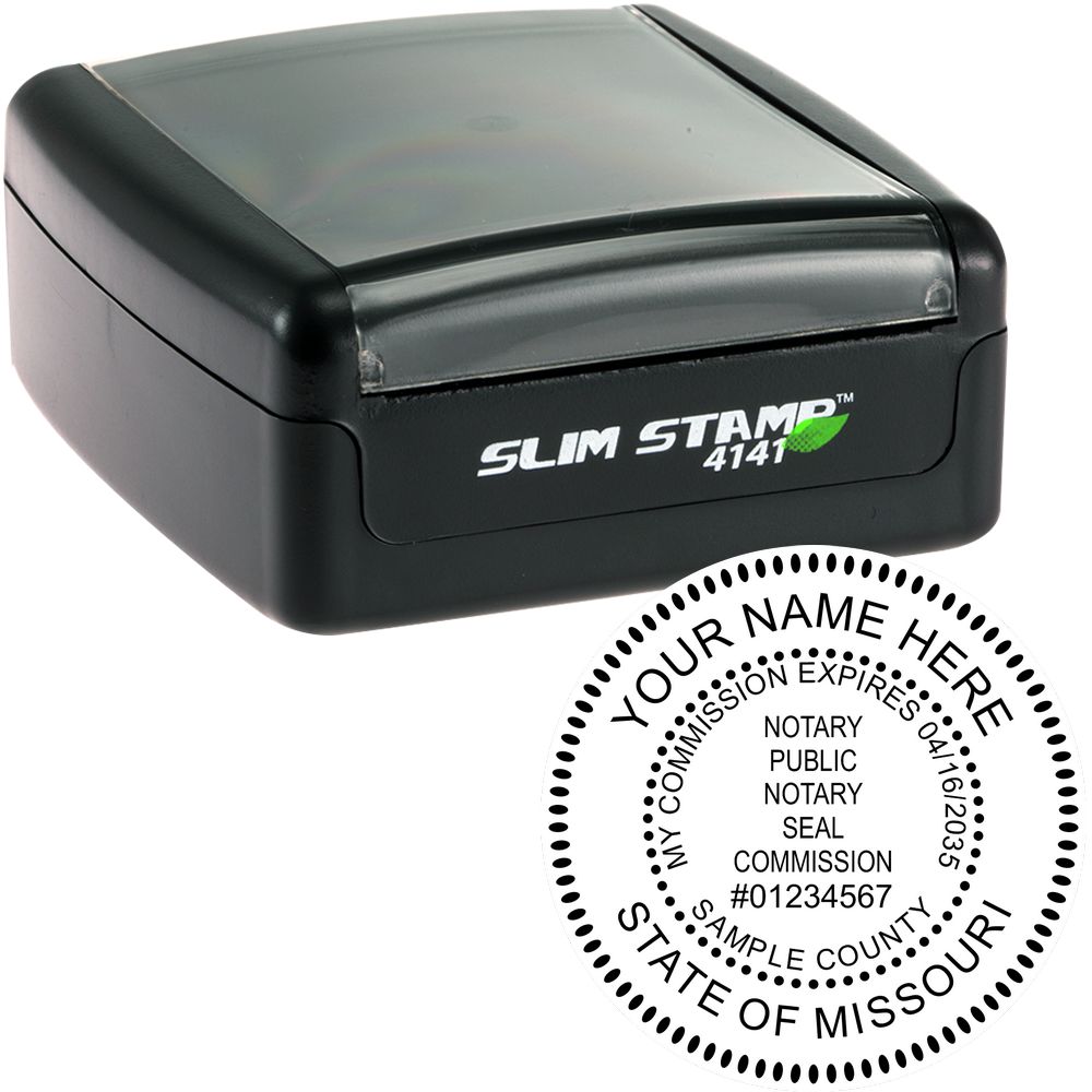 The main image for the Slim Pre-Inked Round Notary Stamp for Missouri depicting a sample of the imprint and electronic files