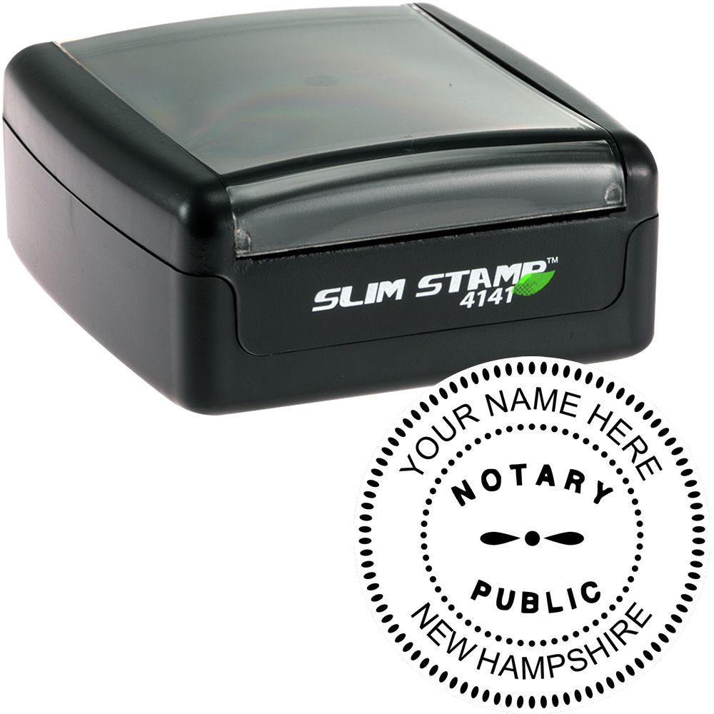 The main image for the Slim Pre-Inked Round Notary Stamp for New Hampshire depicting a sample of the imprint and electronic files