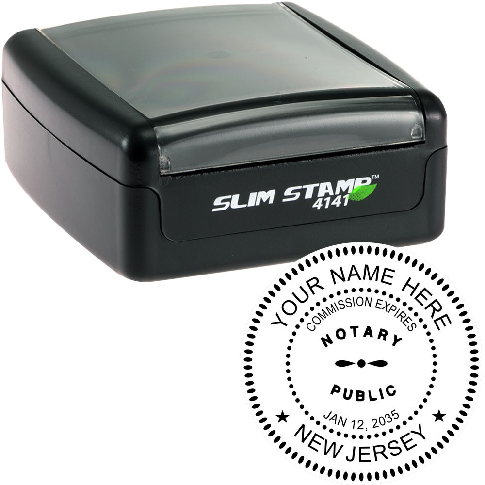 The main image for the Slim Pre-Inked Round Notary Stamp for New Jersey depicting a sample of the imprint and electronic files