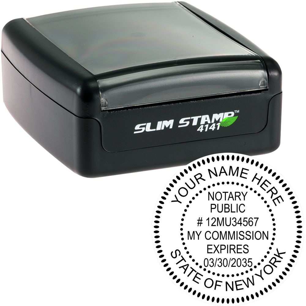 The main image for the Slim Pre-Inked Round Notary Stamp for New York depicting a sample of the imprint and electronic files