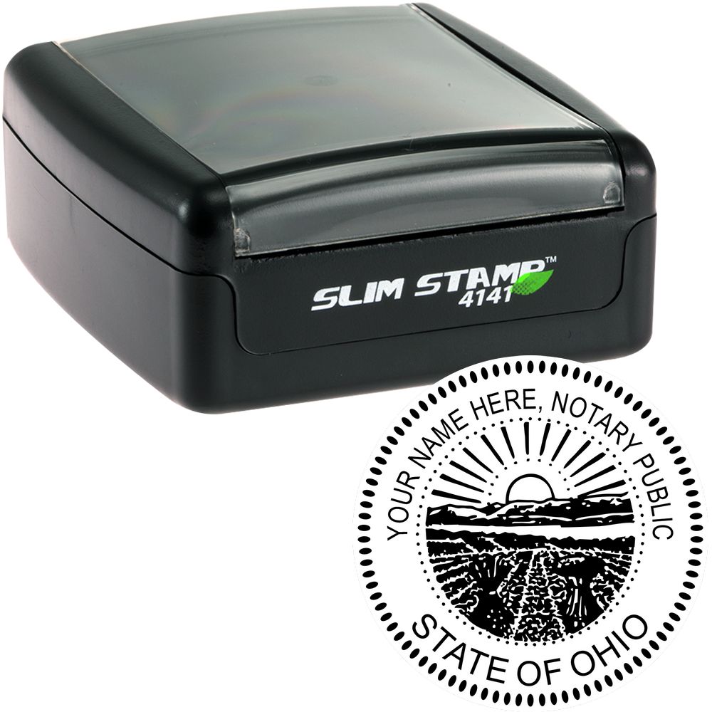 The main image for the Slim Pre-Inked Round Notary Stamp for Ohio depicting a sample of the imprint and electronic files