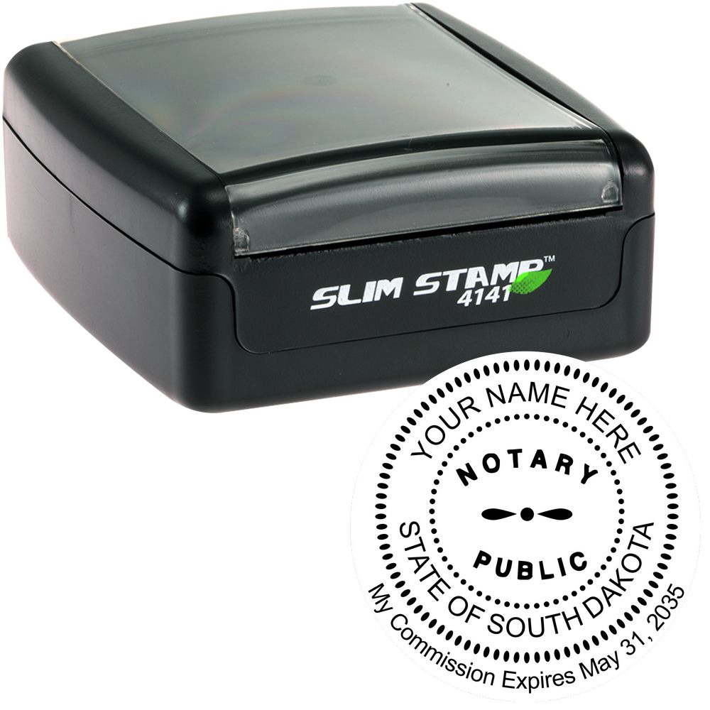 The main image for the Slim Pre-Inked Round Notary Stamp for South Dakota depicting a sample of the imprint and electronic files