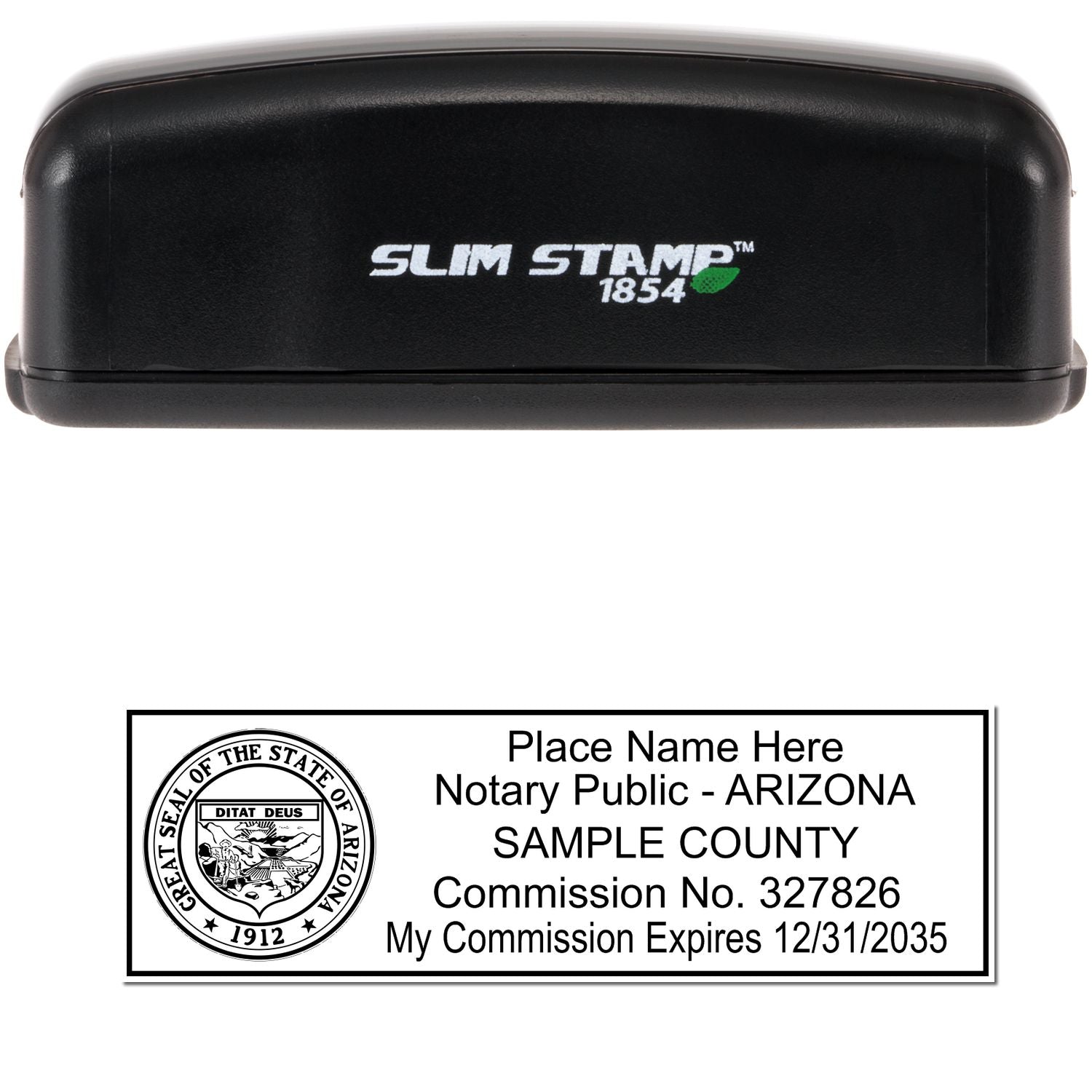 The main image for the Slim Pre-Inked State Seal Notary Stamp for Arizona depicting a sample of the imprint and electronic files